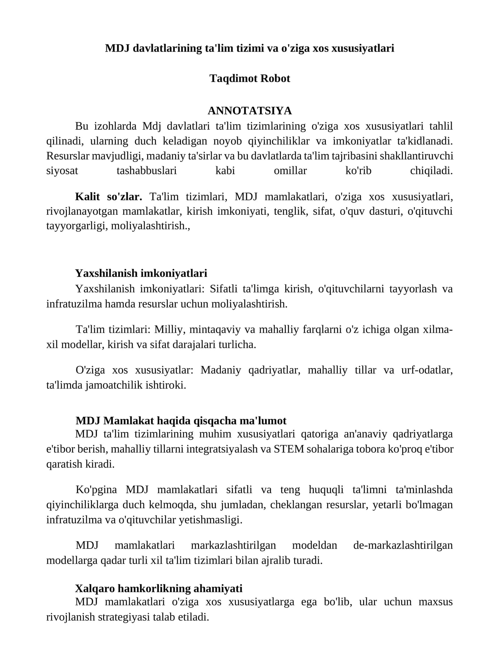 MDJ davlatlarining ta'lim tizimi va o'ziga xos xususiyatlari