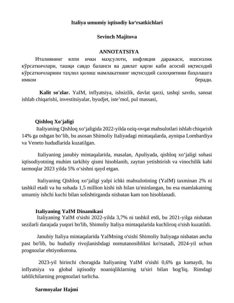 Italiya umumiy iqtisodiy koʻrsatkichlari