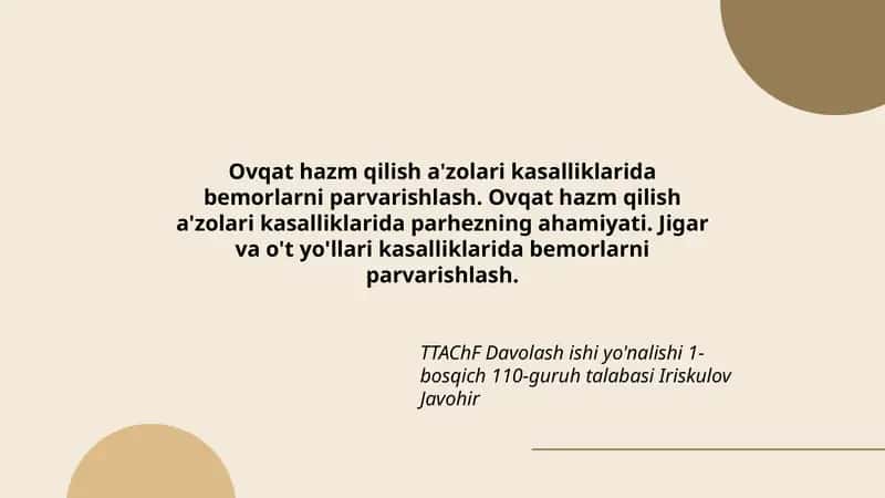 TTAChF Davolash ishi yo'nalishi 1-bosqich 110-guruh talabasi Iriskulov Javohir