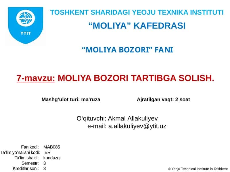 MOLIYA BOZORI TARTIBGA SOLISH