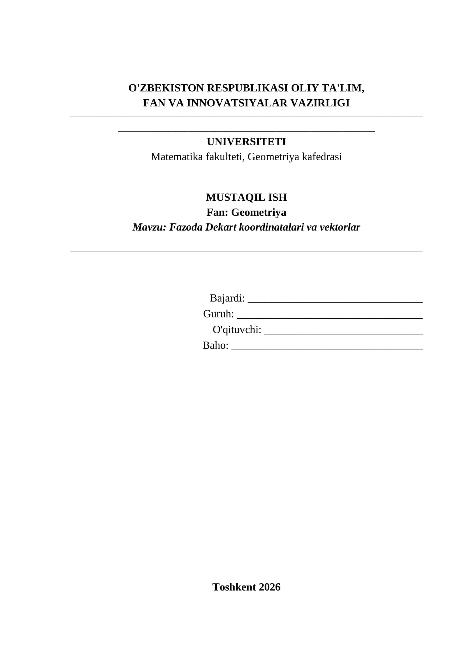 Fazoda Dekart koordinatalari va vektorlar