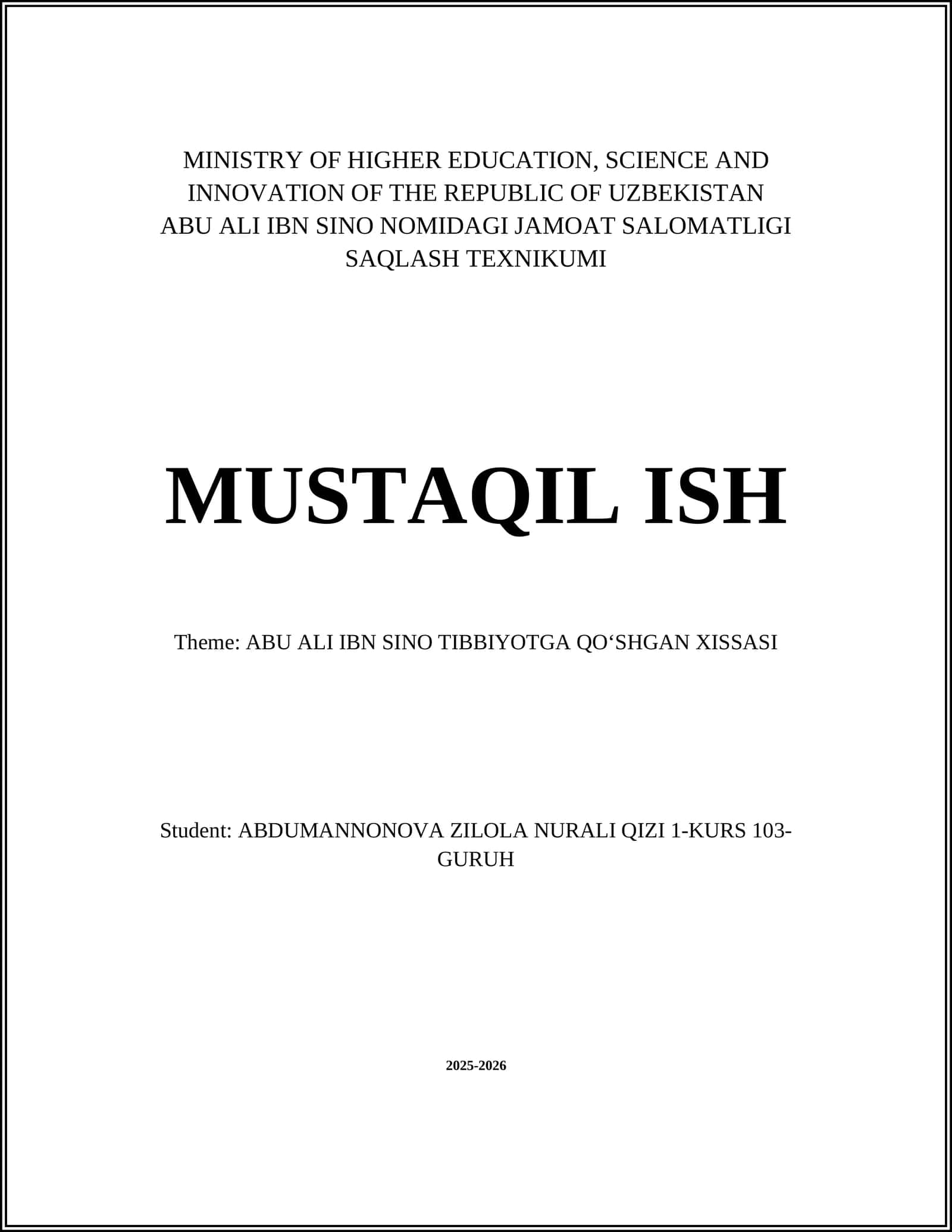 ABU ALI IBN SINO TIBBIYOTGA QOʻSHGAN XISSASI
