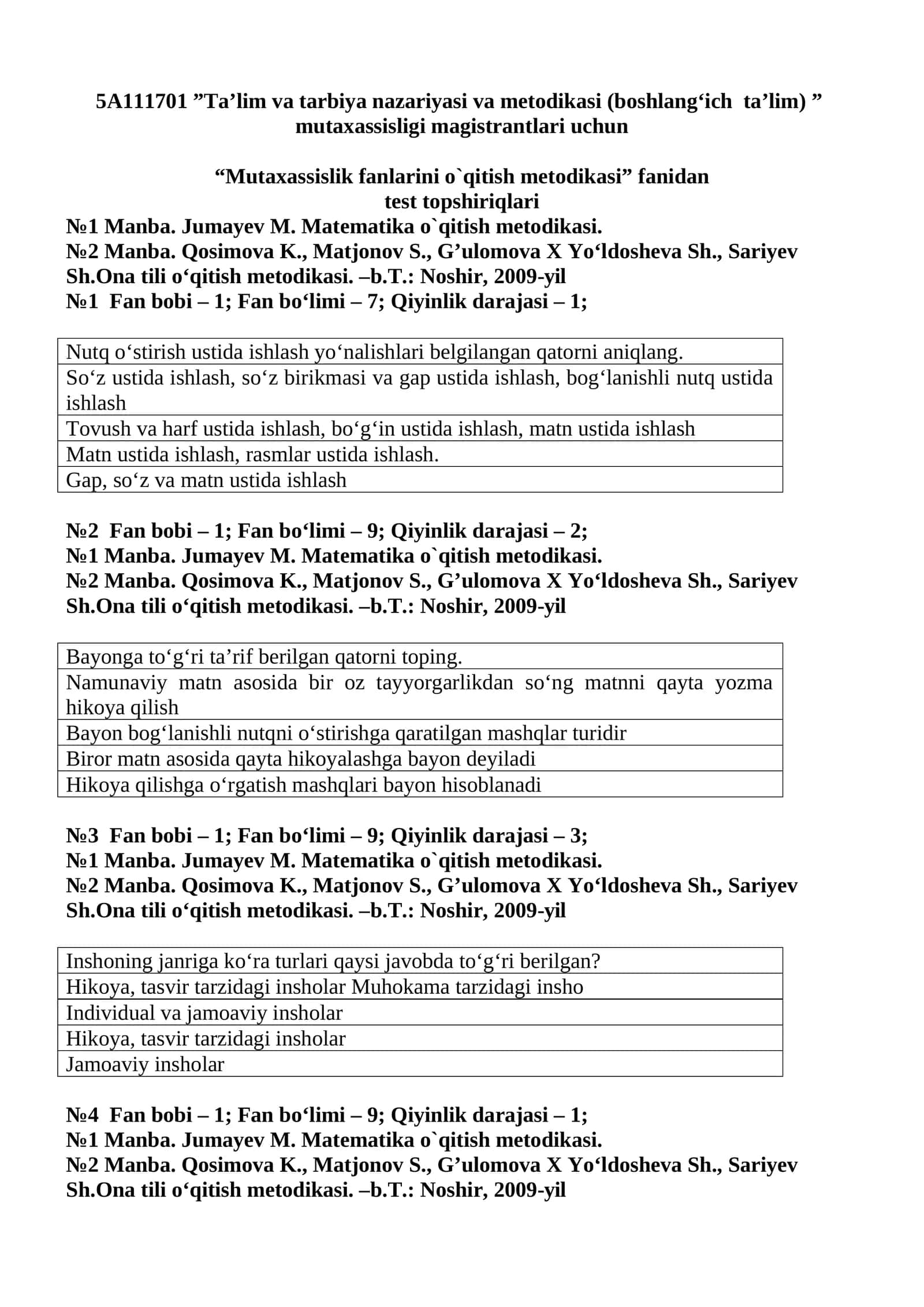 “Mutaxassislik fanlarini o`qitish metodikasi” fanidan test topshiriqlari