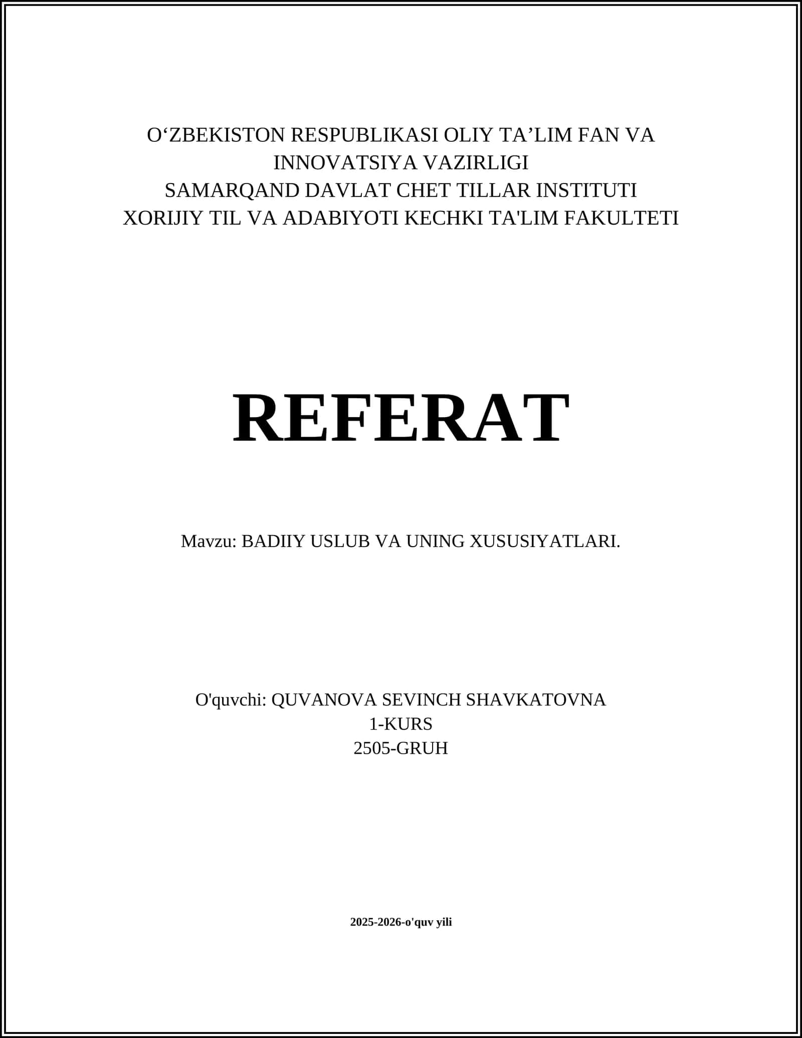 BADIIY USLUB VA UNING XUSUSIYATLARI