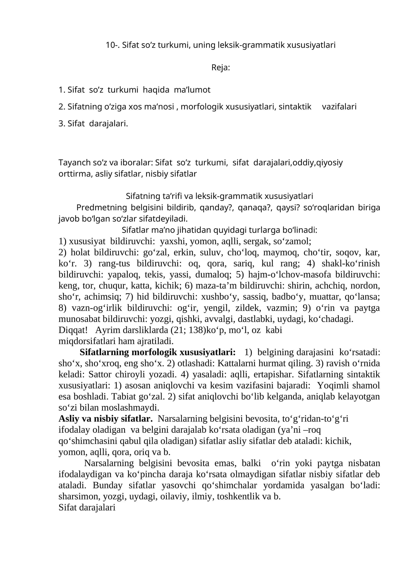 Sifat so’z turkumi, uning leksik-grammatik xususiyatlari