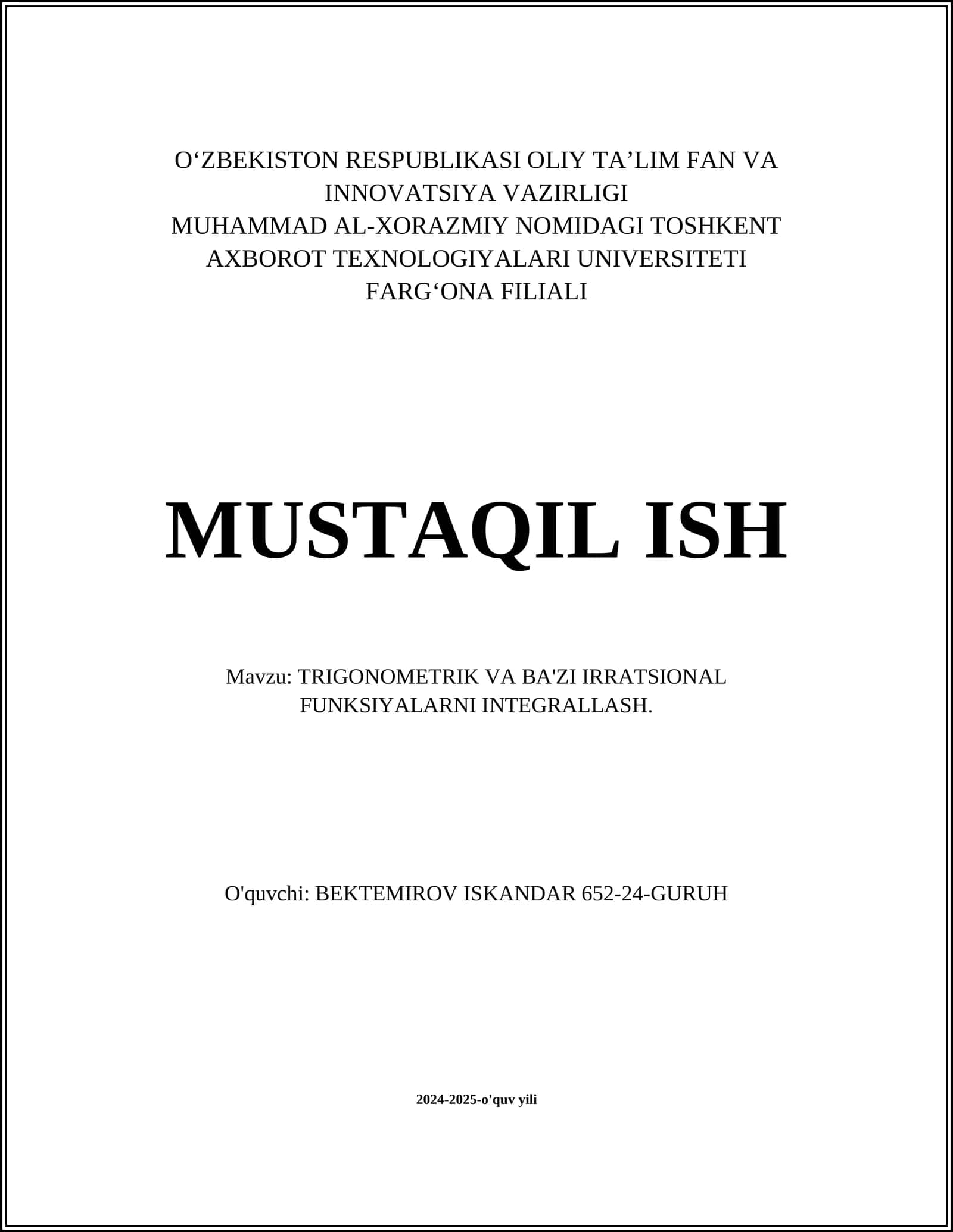 TRIGONOMETRIK VA BA'ZI IRRATSIONAL FUNKSIYALARNI INTEGRALLASH