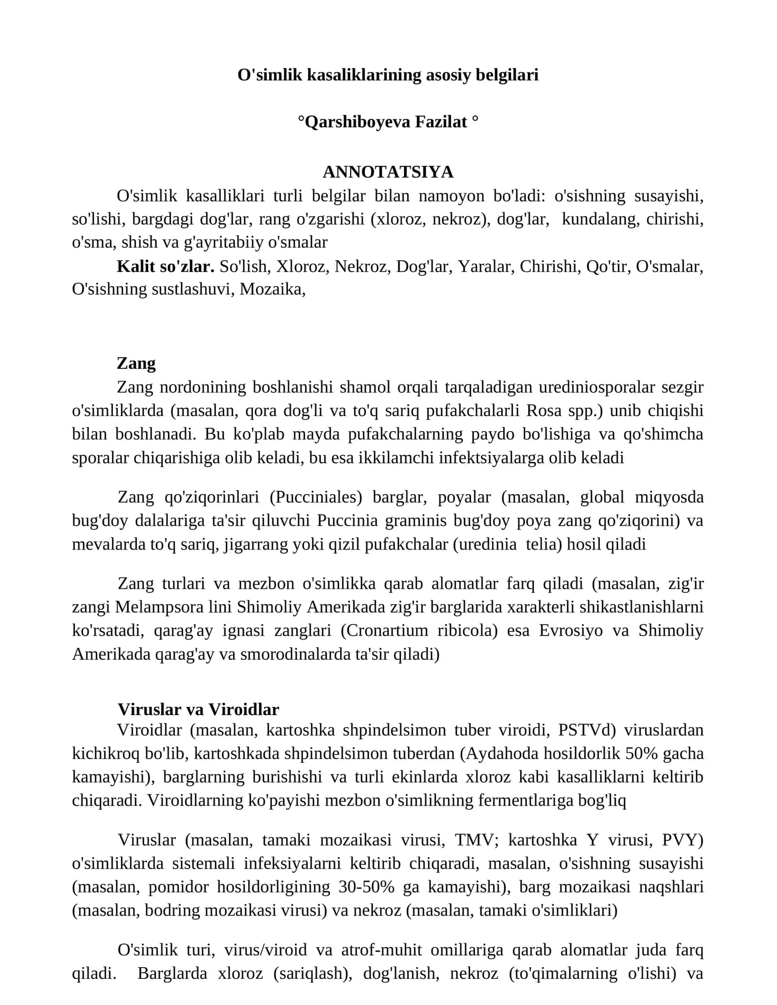 O'simlik kasaliklarining asosiy belgilari