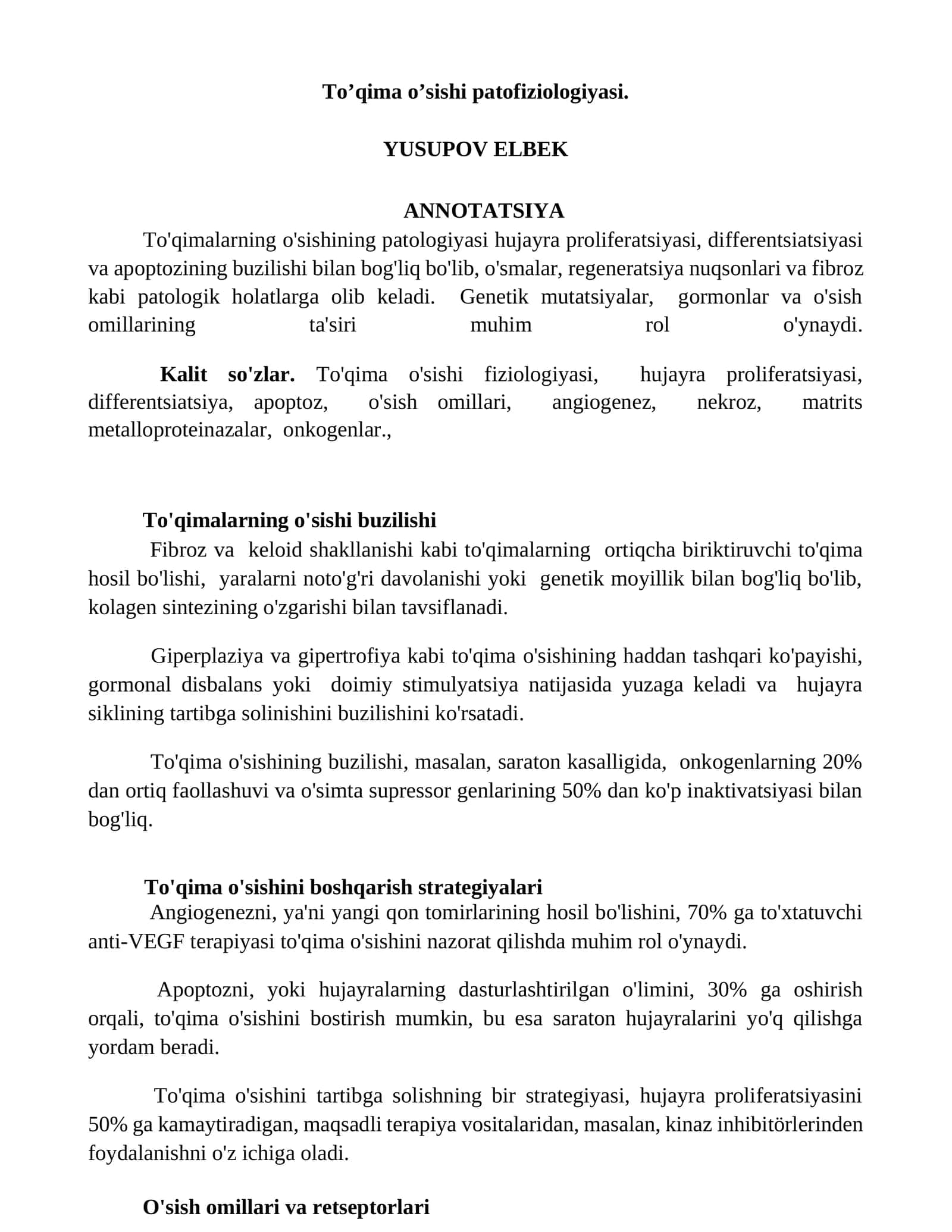 To’qima o’sishi patofiziologiyasi