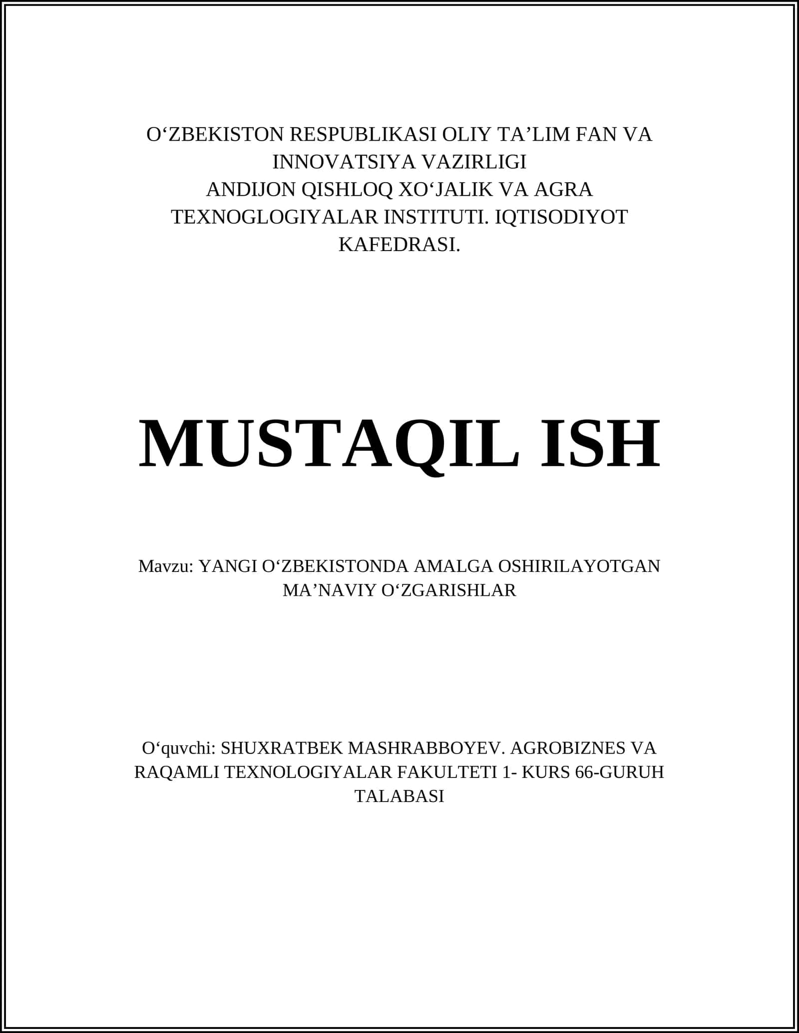 YANGI OʻZBEKISTONDA AMALGA OSHIRILAYOTGAN MAʼNAVIY OʻZGARISHLAR