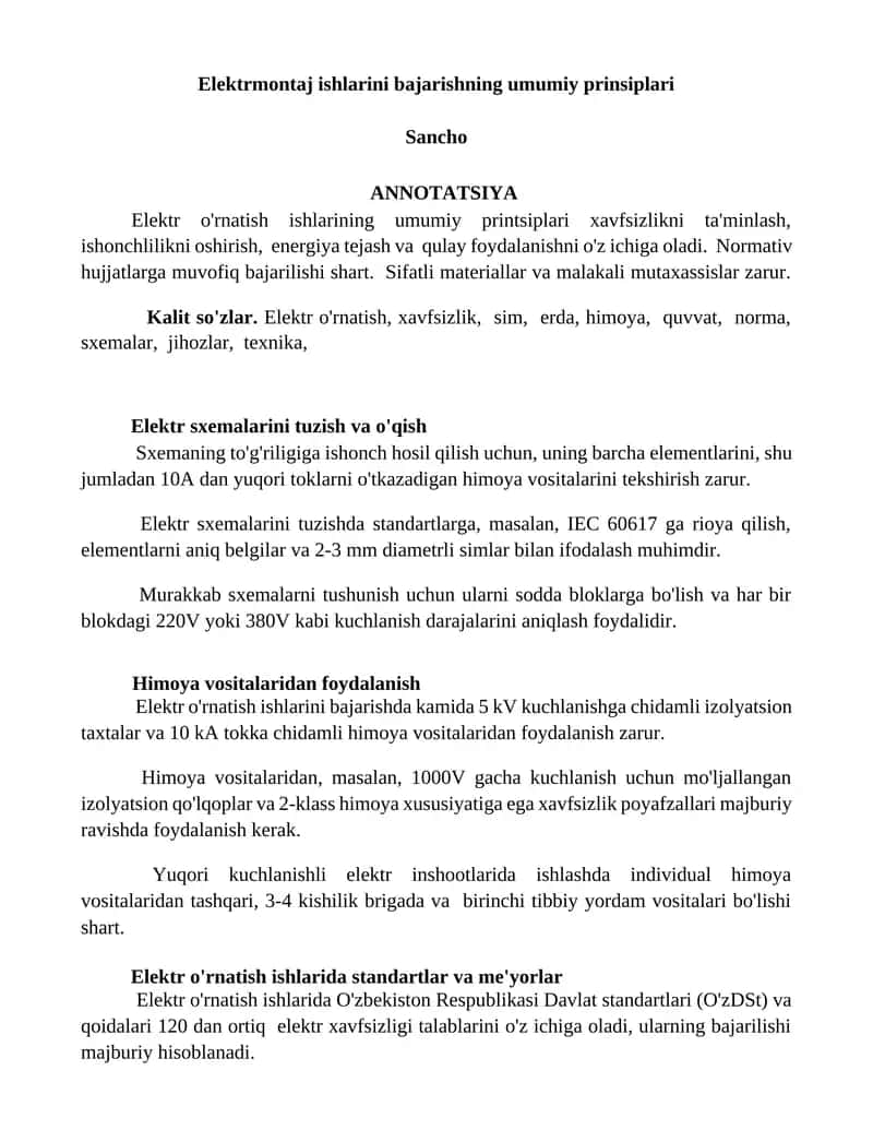 Elektrmontaj ishlarini bajarishning umumiy prinsiplari
