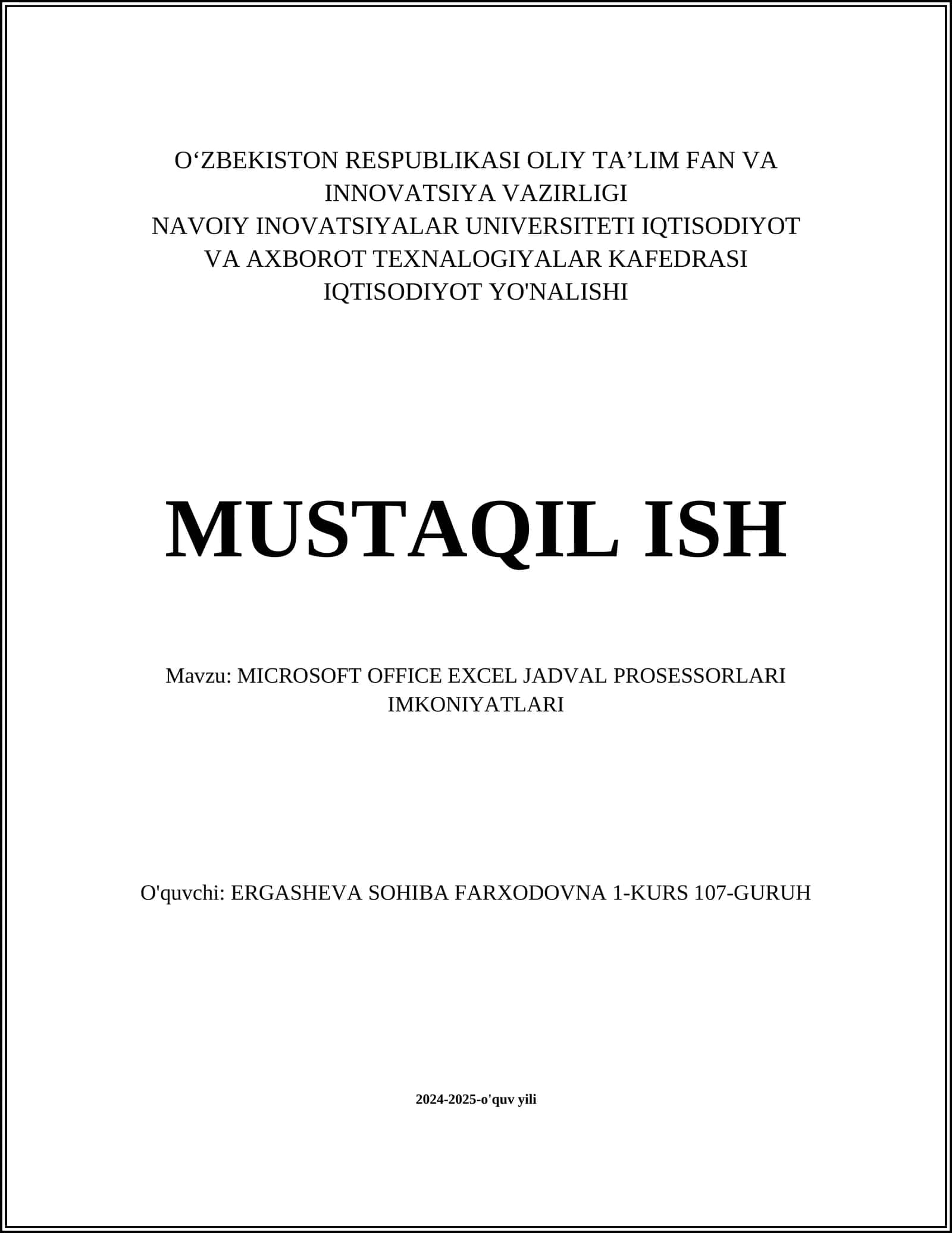 MICROSOFT OFFICE EXCEL JADVAL PROSESSORLARI IMKONIYATLARI