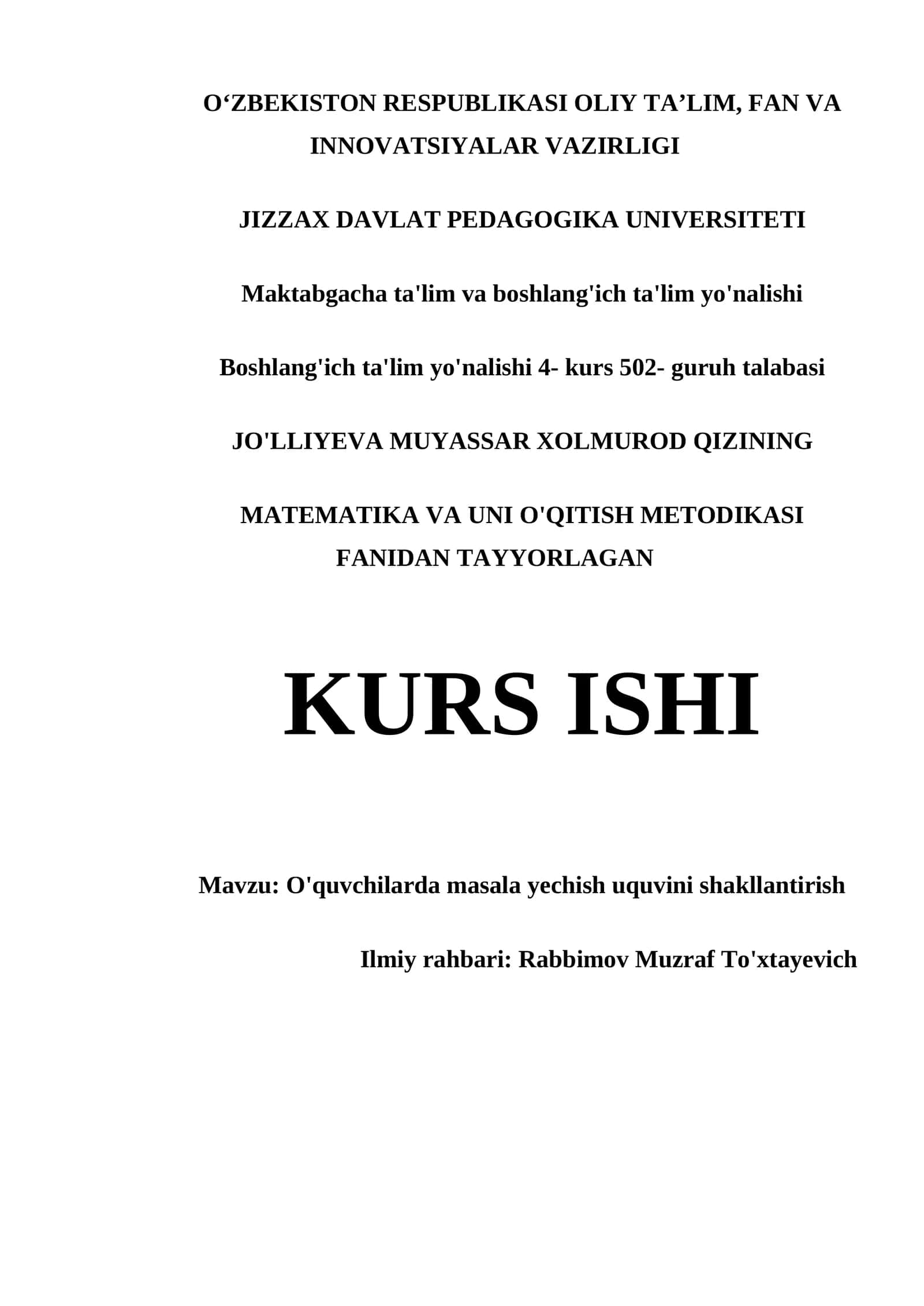 O'QUVCHILARDA MASALA YECHISH UQUVINI SHAKLLANTIRISH