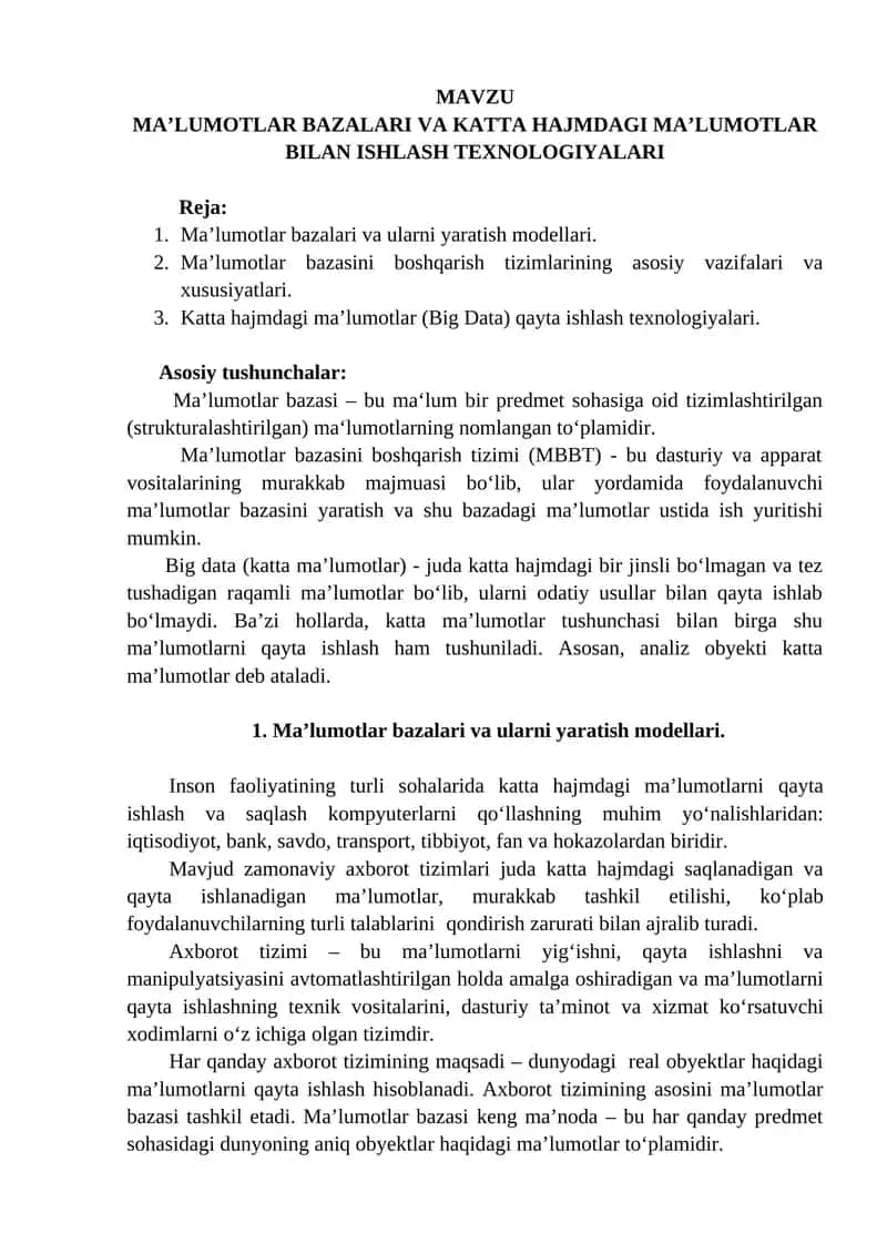 MA’LUMOTLAR BAZALARI VA KATTA HAJMDAGI MA’LUMOTLAR BILAN ISHLASH TEXNOLOGIYALARI