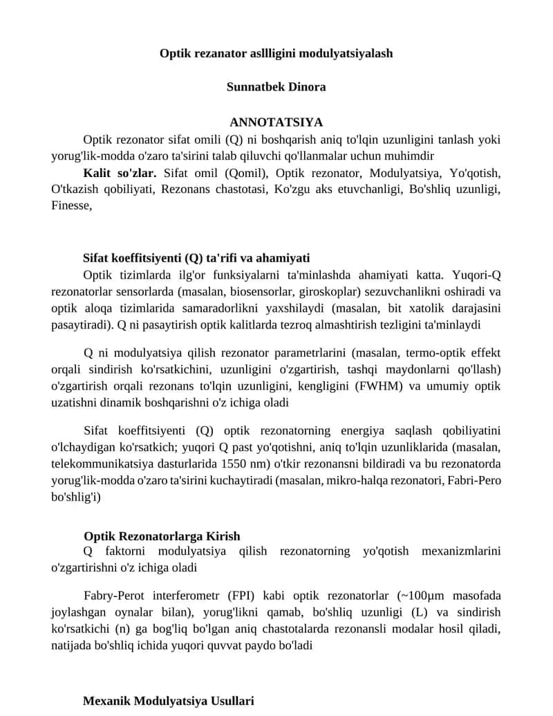 Optik rezonator asllligini modulyatsiyalash