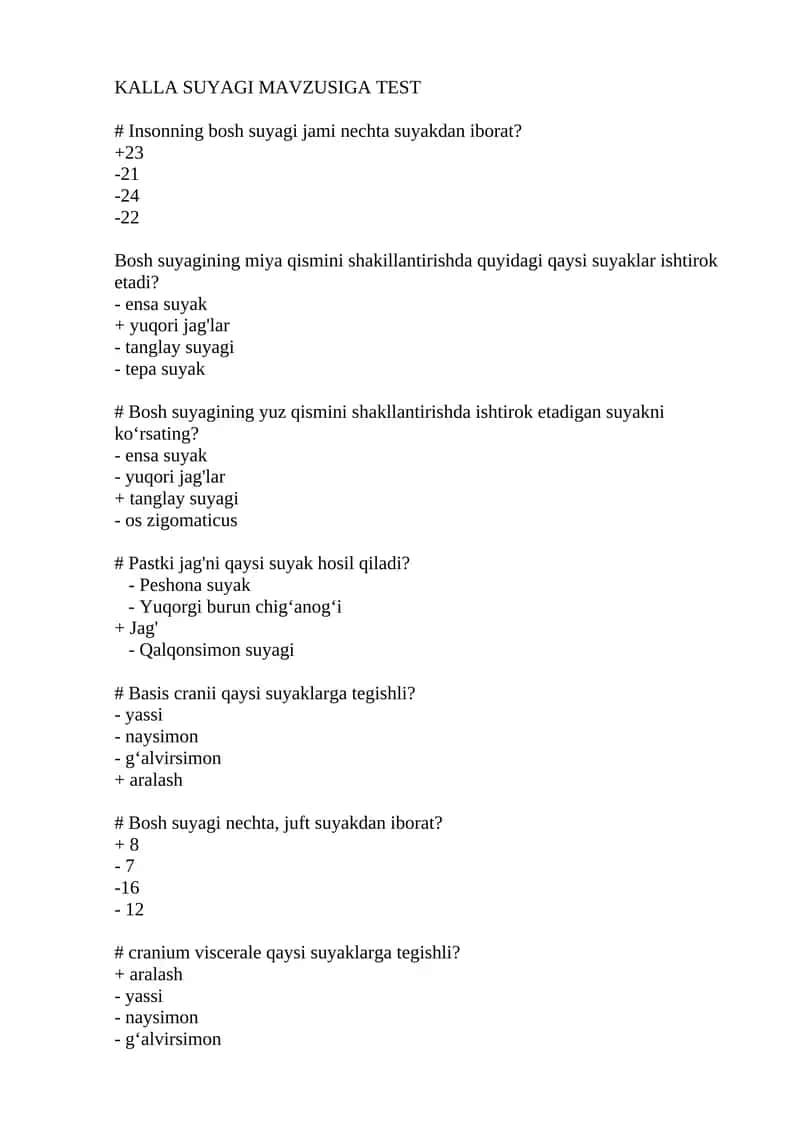 KALLA SUYAGI MAVZUSIGA TEST
