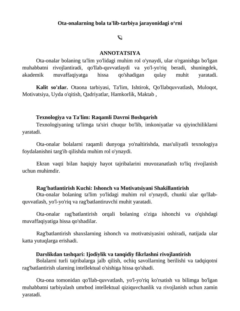 Ota-onalarning bola ta'lib-tarbiya jarayonidagi oʻrni