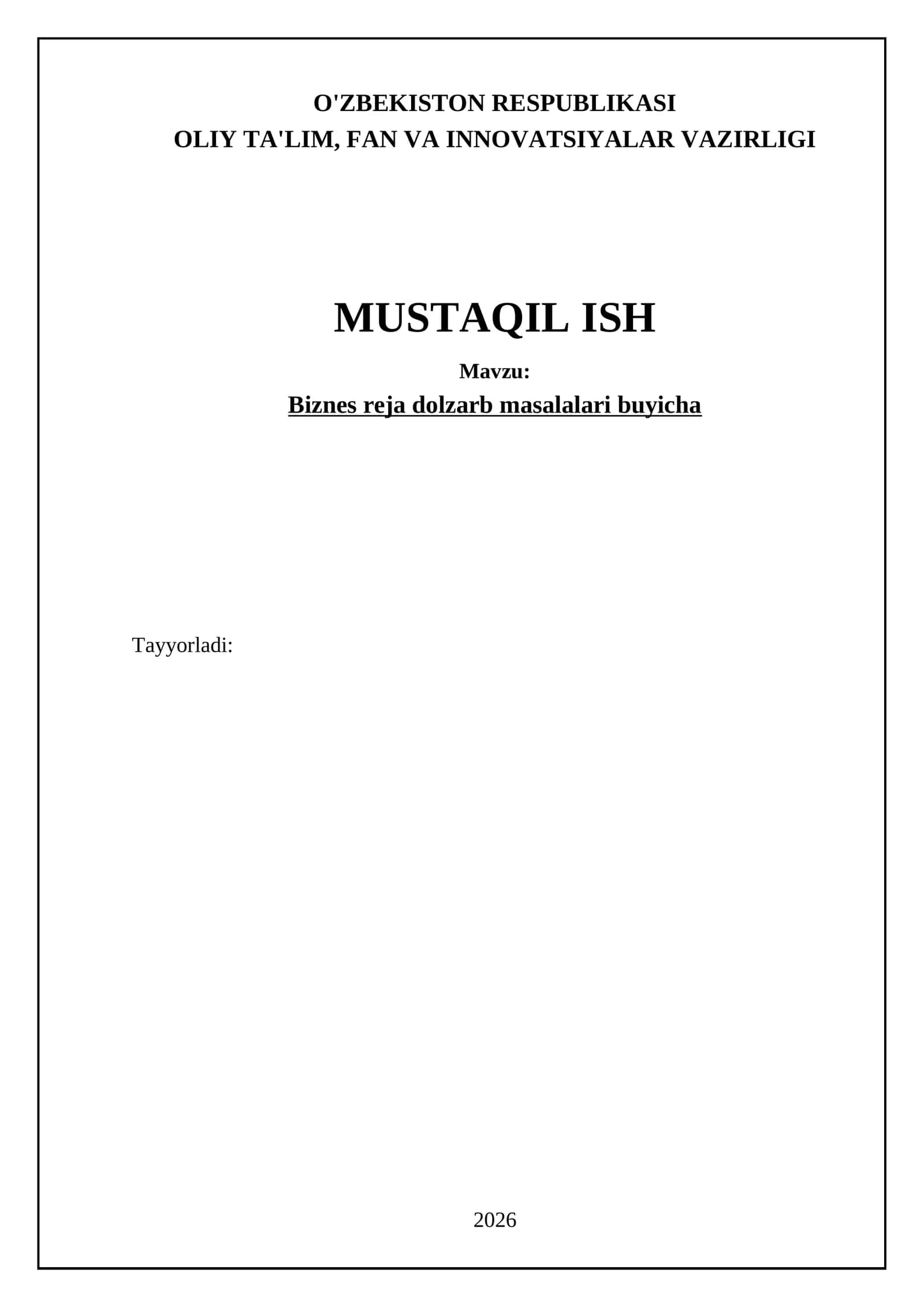 Biznes reja dolzarb masalalari buyicha