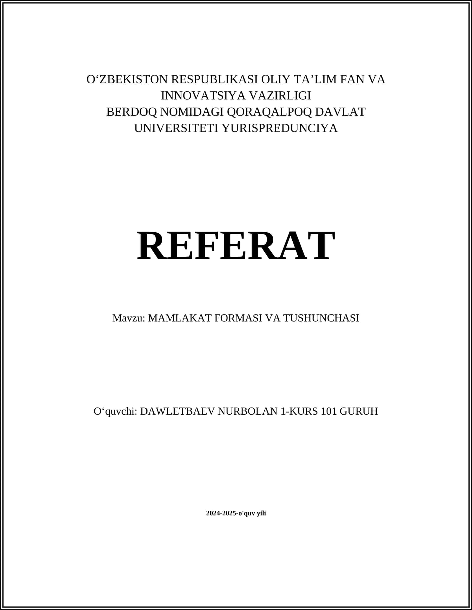 MAMLAKAT FORMASI VA TUSHUNCHASI