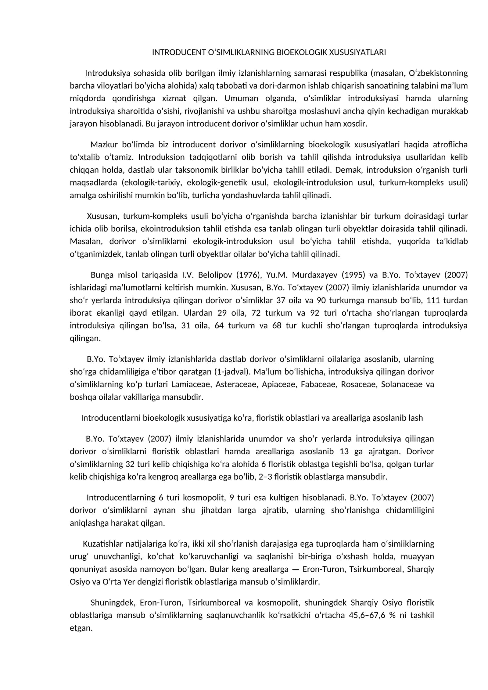 O‘SIMLIKLARNING BIOEKOLOGIK XUSUSIYATLARI