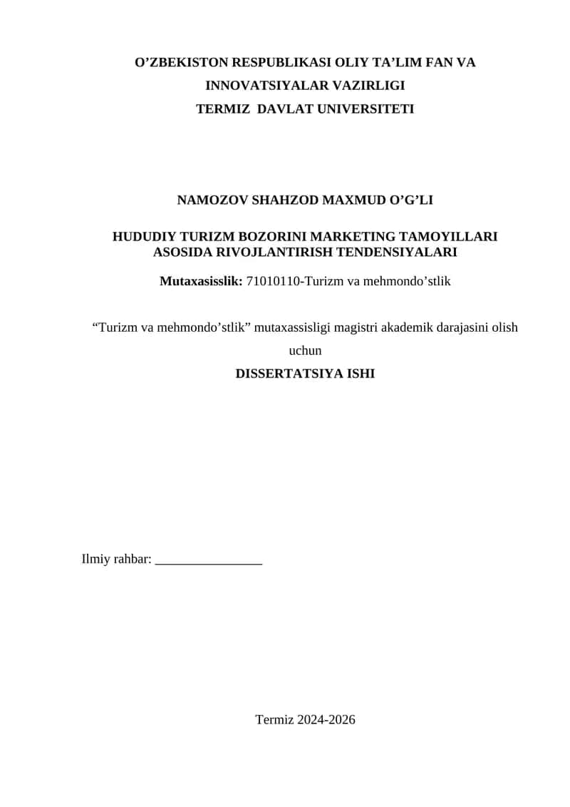 HUDUDIY TURIZM BOZORINI MARKETING TAMOYILLARI ASOSIDA RIVOJLANTIRISH TENDENSIYALARI