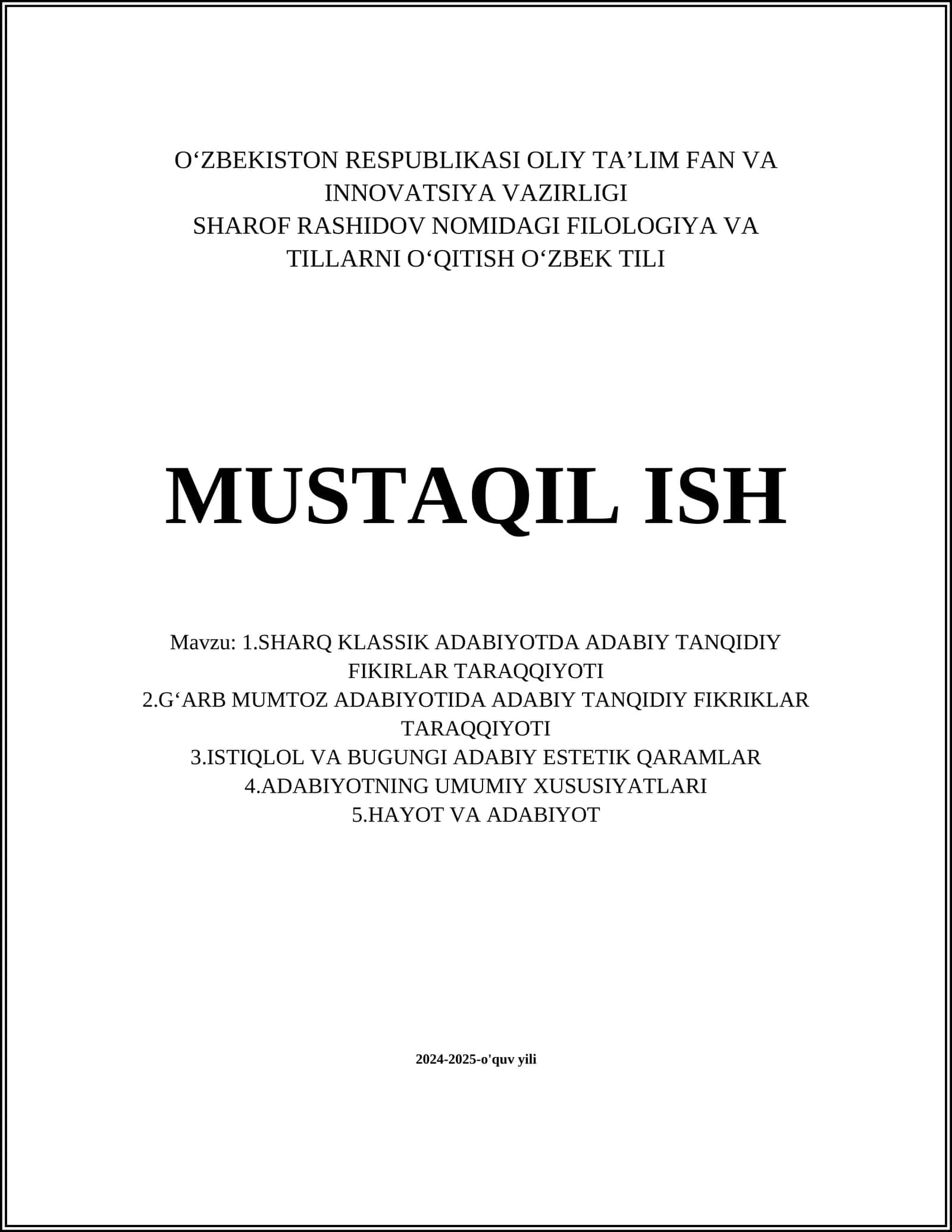 SHARQ KLASSIK ADABIYOTIDA TANQIDNING TARIXIY INKISHOFI