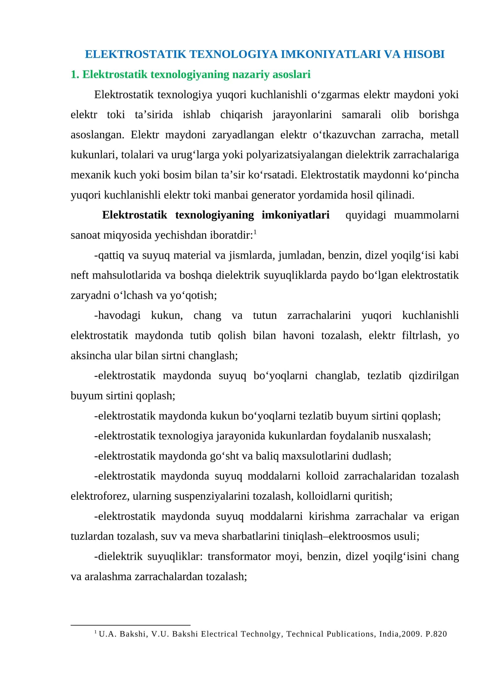 ELEKTROSTATIK TEXNOLOGIYA IMKONIYATLARI VA HISOBI