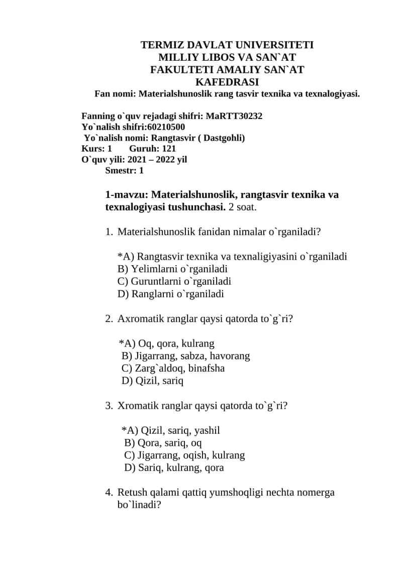 Materialshunoslik rang tasvir texnika va texnalogiyasi