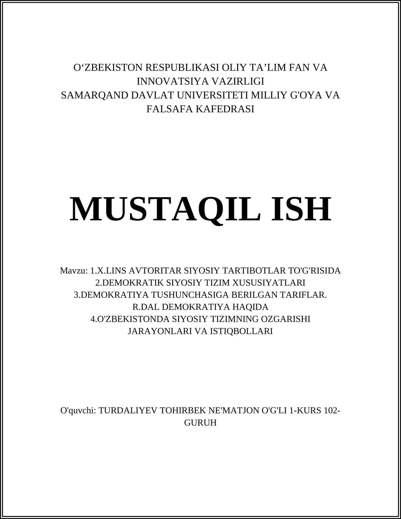 AVTORITAR SIYOSIY TARTIBOTNING ASOSIY BELGILARI