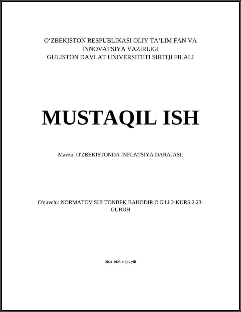 O'ZBEKISTONDA INFLATSIYA DARAJASI