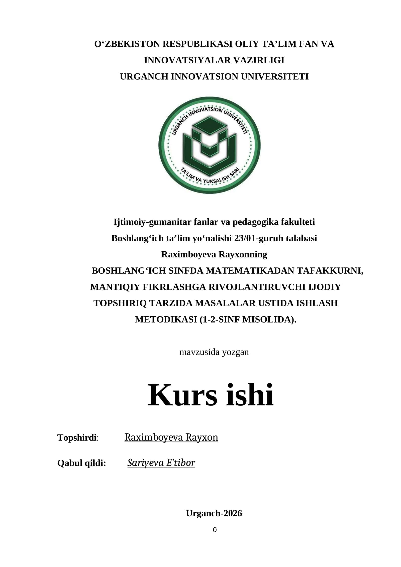BOSHLANG‘ICH SINFDA MATEMATIKADAN TAFAKKURNI, MANTIQIY FIKRLASHGA RIVOJLANTIRUVCHI IJODIY TOPSHIRIQ TARZIDA MASALALAR USTIDA ISHLASH METODIKASI (1-2-SINF MISOLIDA)