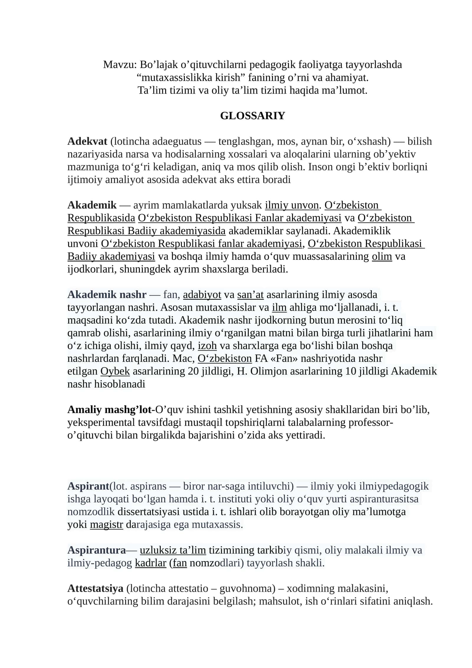 Bo’lajak o’qituvchilarni pedagogik faoliyatga tayyorlashda “mutaxassislikka kirish” fanining o’rni va ahamiyat