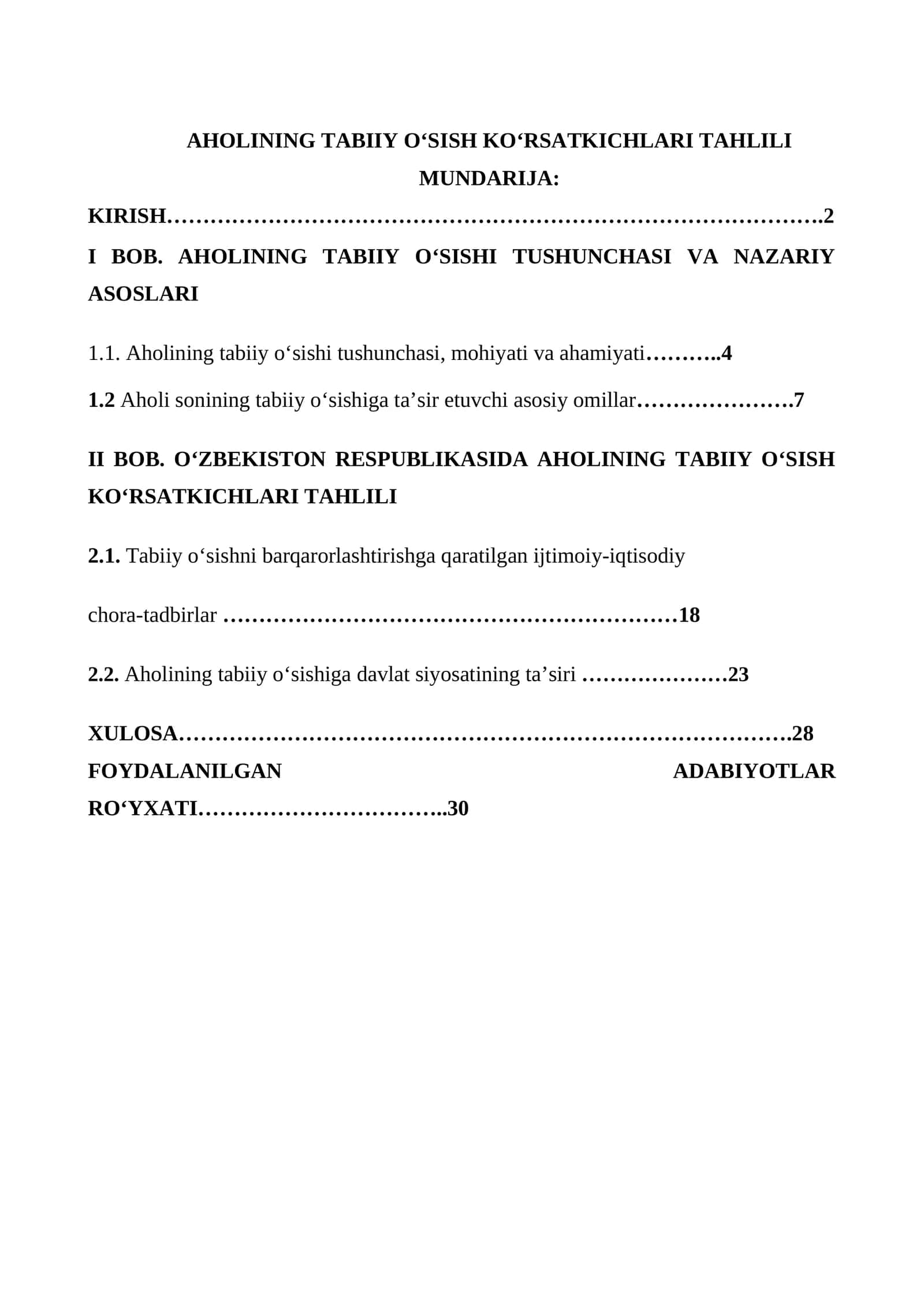 AHOLINING TABIIY O‘SISH KO‘RSATKICHLARI TAHLILI