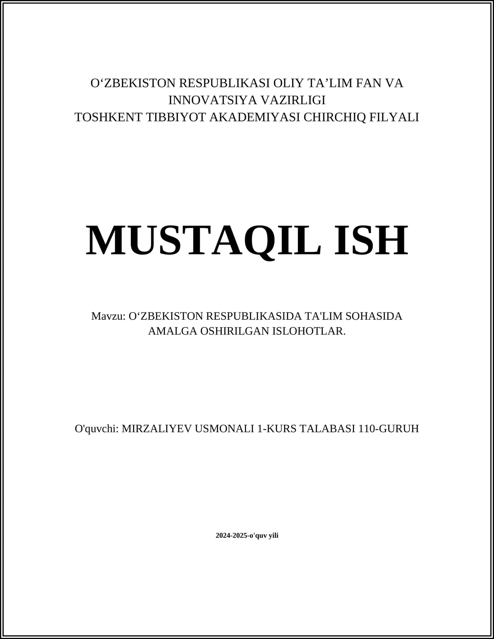 OʻZBEKISTON RESPUBLIKASIDA TA'LIM SOHASIDA AMALGA OSHIRILGAN ISLOHOTLAR