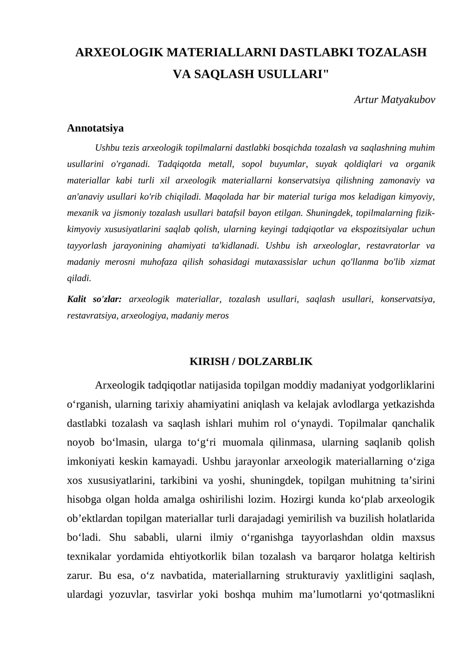 ARXEOLOGIK MATERIALLARNI DASTLABKI TOZALASH VA SAQLASH USULLARI