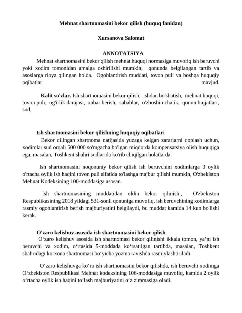 Mehnat shartnomasini bekor qilish (huquq fanidan)