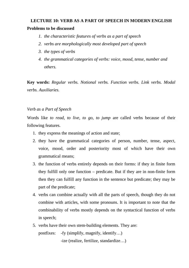 Lecture 10: Verb as a Part of Speech in Modern English