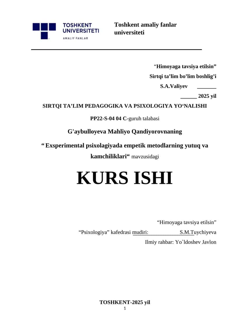 "Exsperimental psixolagiyada empetik metodlarning yutuq va kamchiliklari"