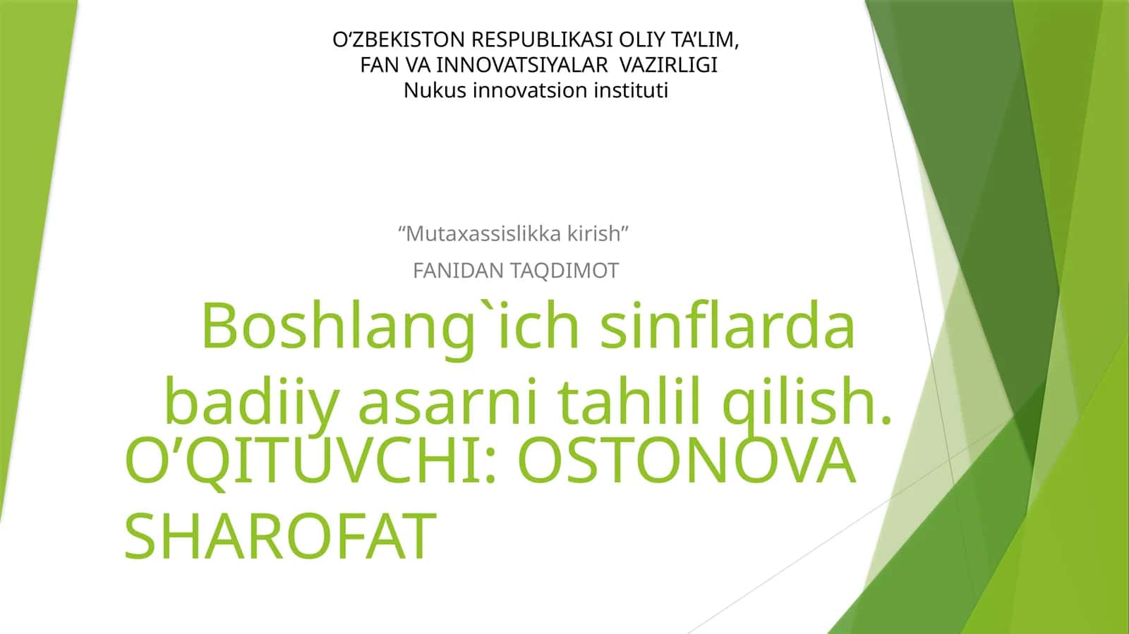 Boshlang`ich sinflarda badiiy asarni tahlil qilish