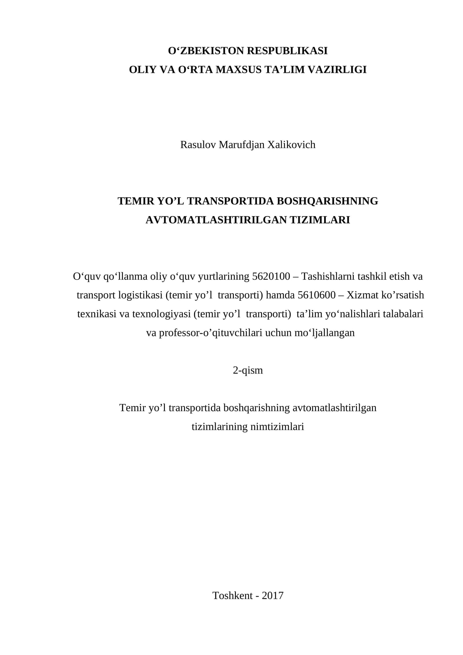 Temir yo’l transportida boshqarishning avtomatlashtirilgan tizimlari