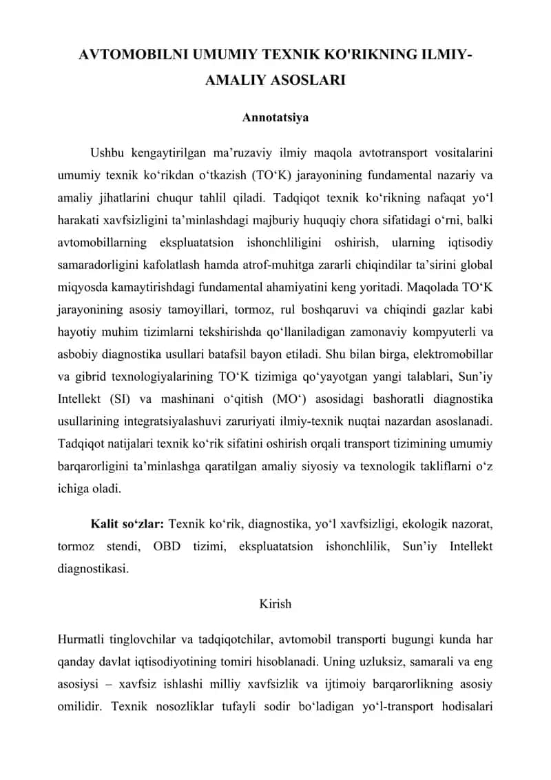 AVTOMOBILNI UMUMIY TEXNIK KO'RIKNING ILMIY-AMALIY ASOSLARI
