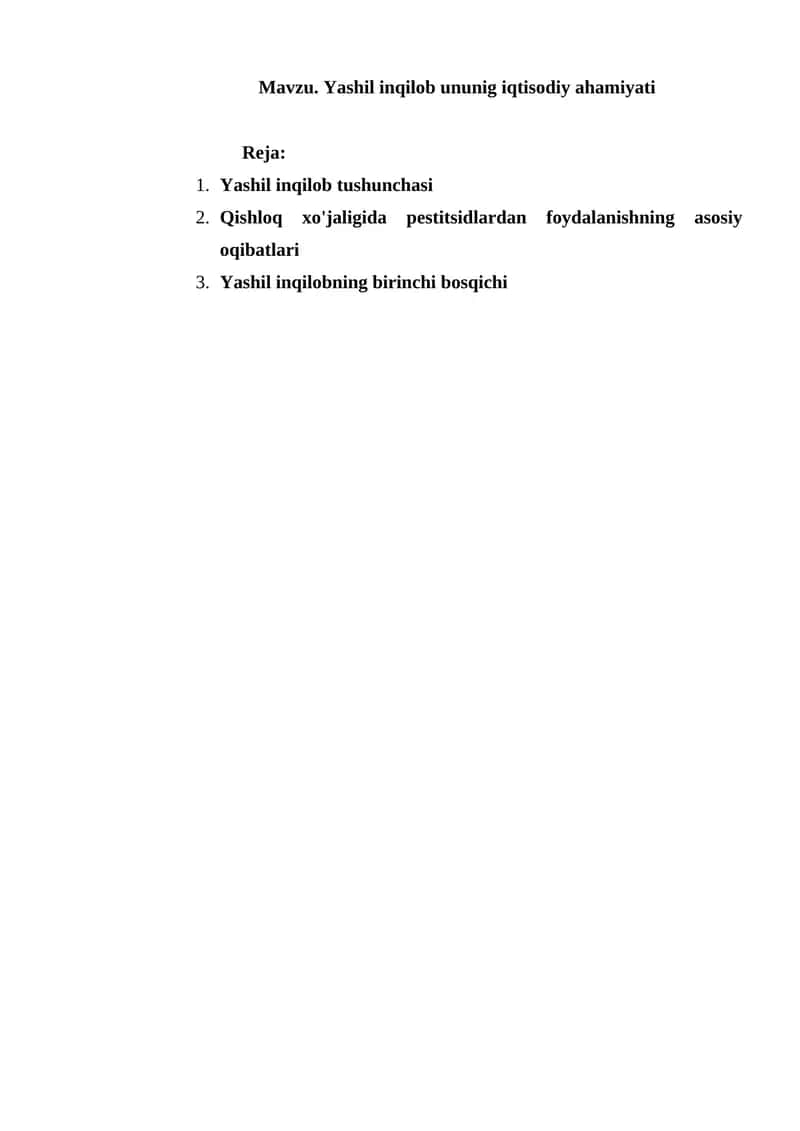 Yashil inqilob ununig iqtisodiy ahamiyati