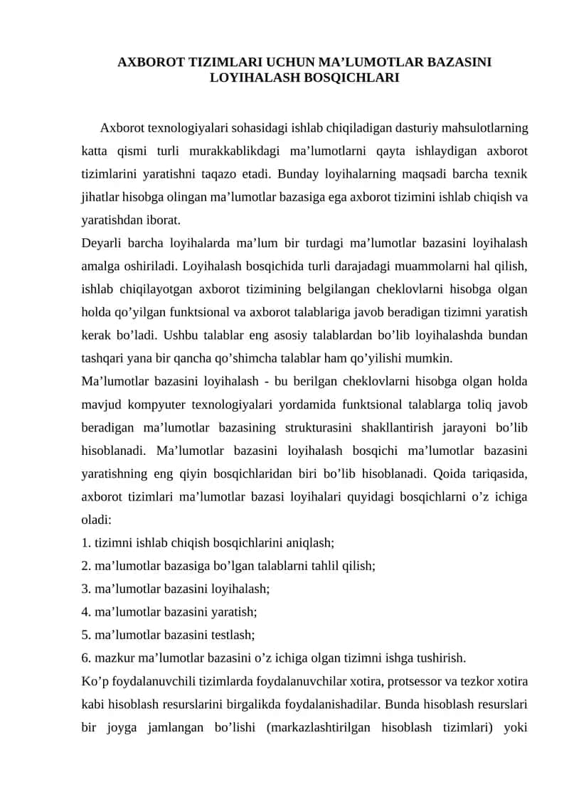 Axborot tizimlari uchun ma’lumotlar bazasini loyihalash bosqichlari