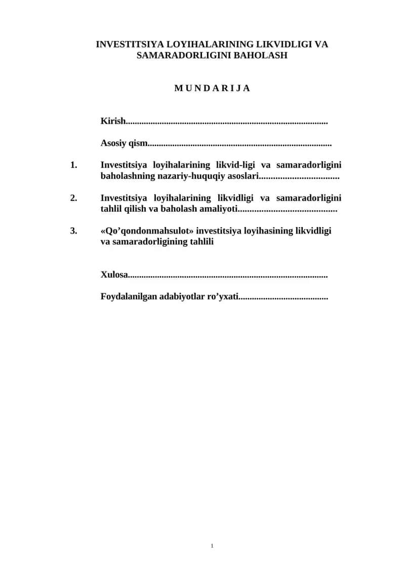 INVESTITSIYA LOYIHALARINING LIKVIDLIGI VA SAMARADORLIGINI BAHOLASH