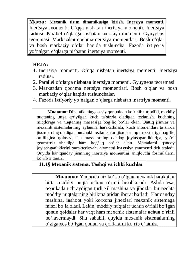 Mexanik tizim dinamikasiga kirish. Inersiya momenti.