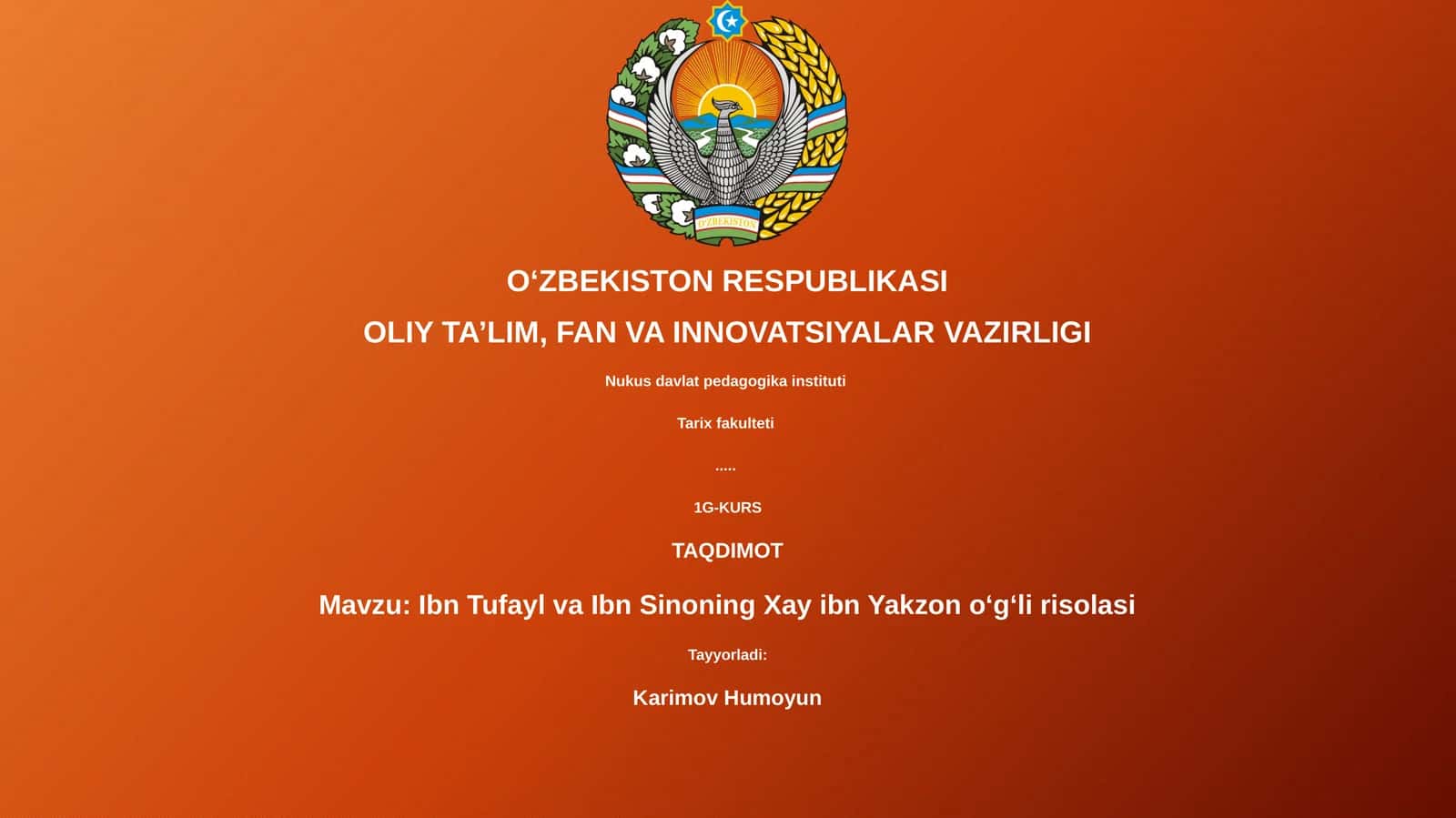 Ibn Tufayl va Ibn Sinoning Xay ibn Yakzon oʻgʻli risolasi
