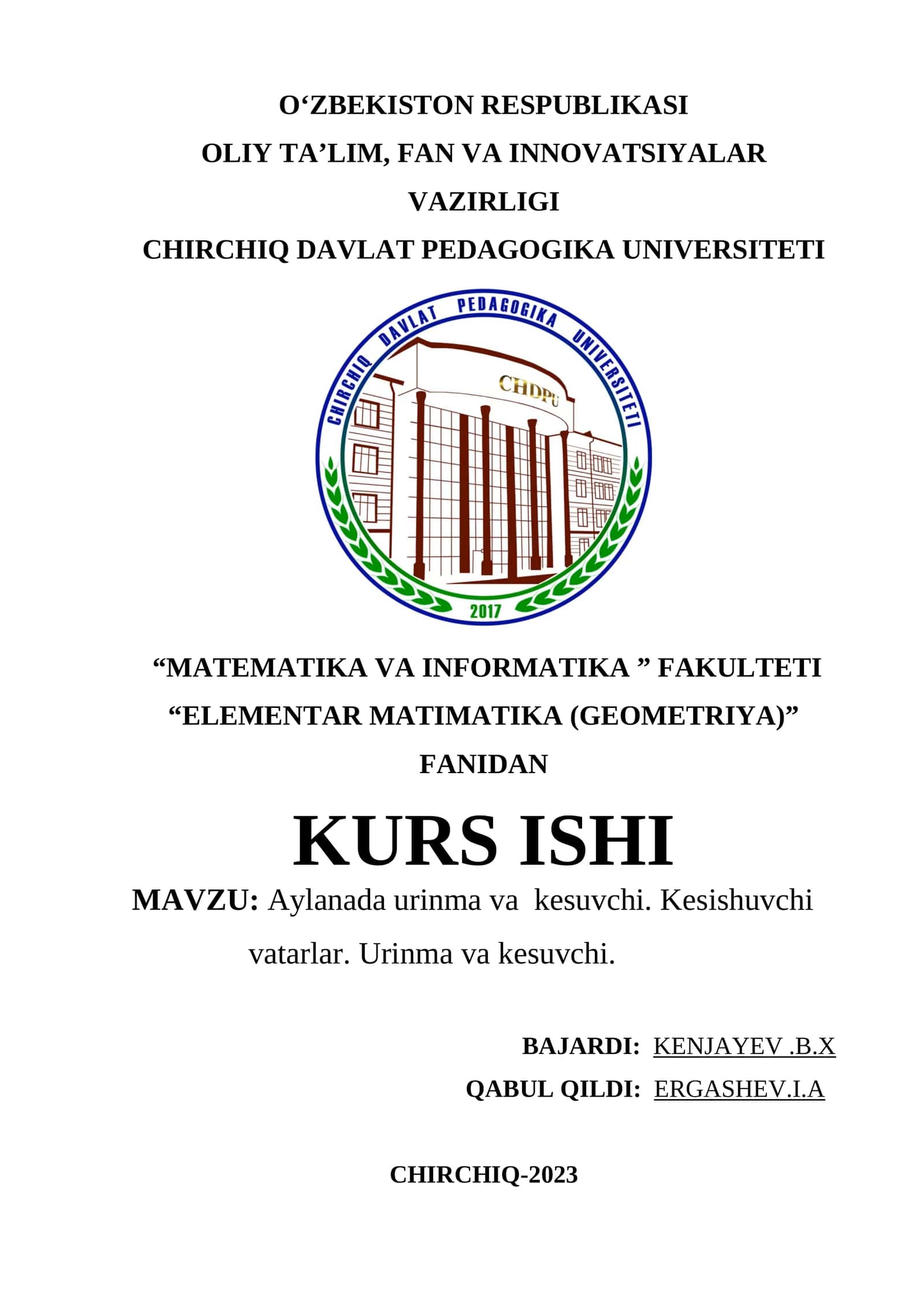 ELEMENTAR MATIMATIKA (GEOMETRIYA) FANIDAN KURS ISHI