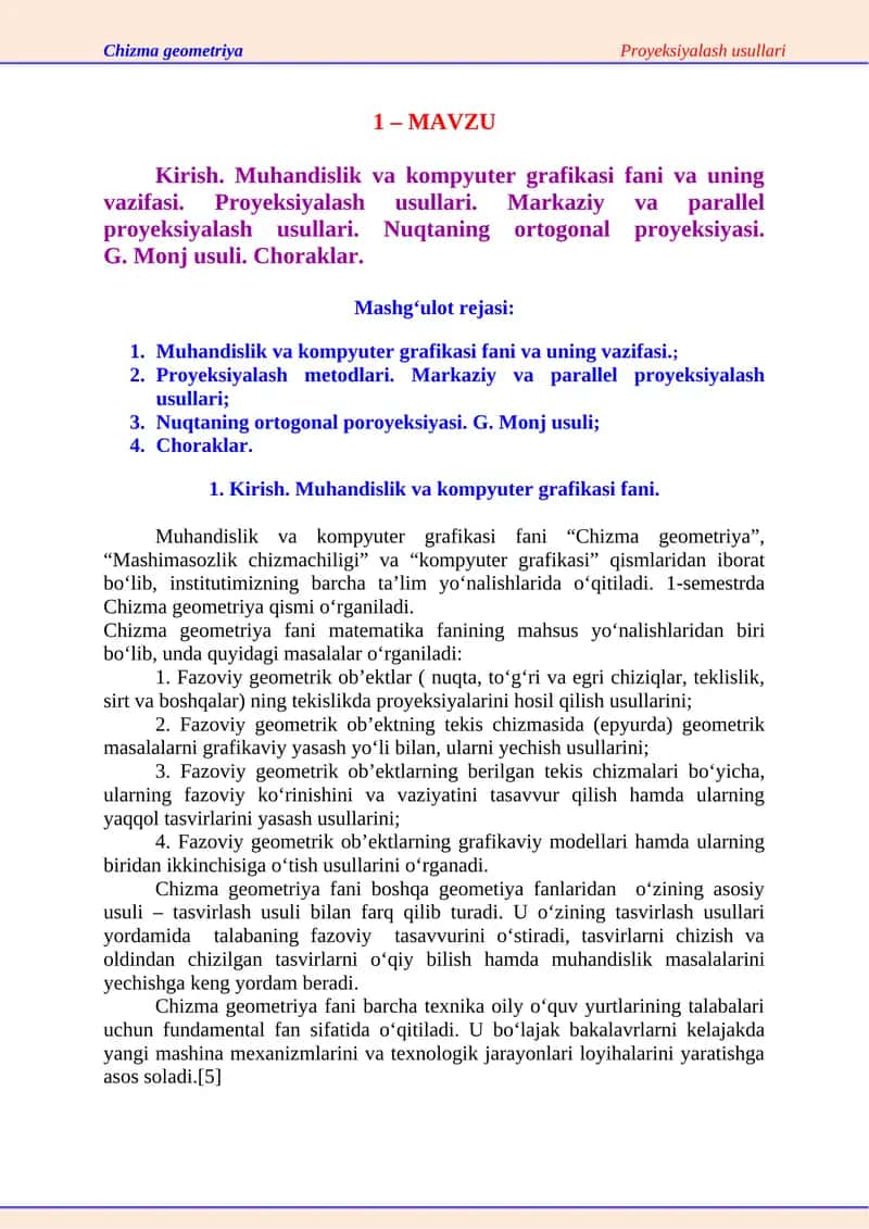 Chizma geometriyaProyeksiyalash usullari
