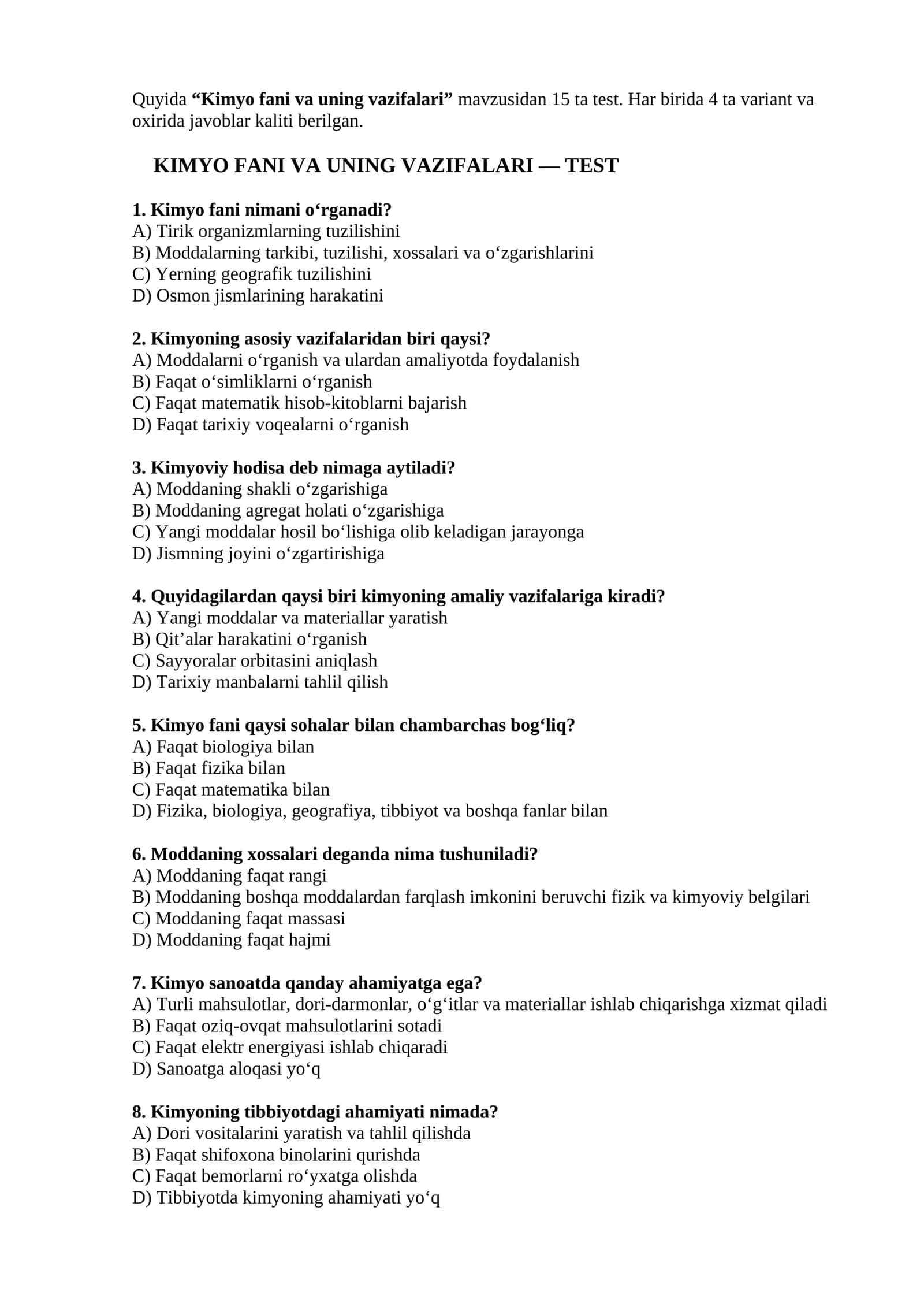 Kimyo fani va uning vazifalari — Test