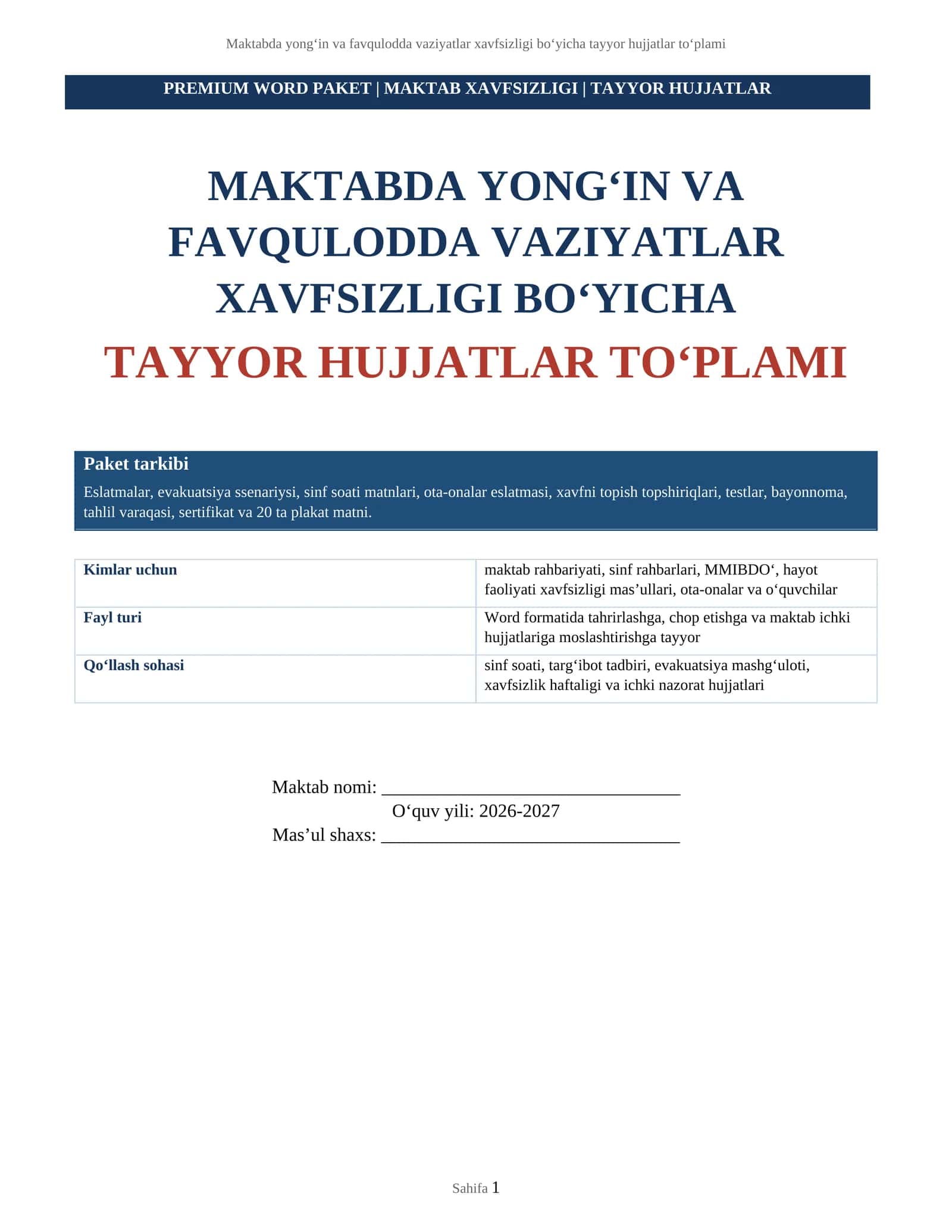 MAKTABDA YONG‘IN VA FAVQULODDA VAZIYATLAR XAVFSIZLIGI BO‘YICHA TAYYOR HUJJATLAR TO‘PLAMI
