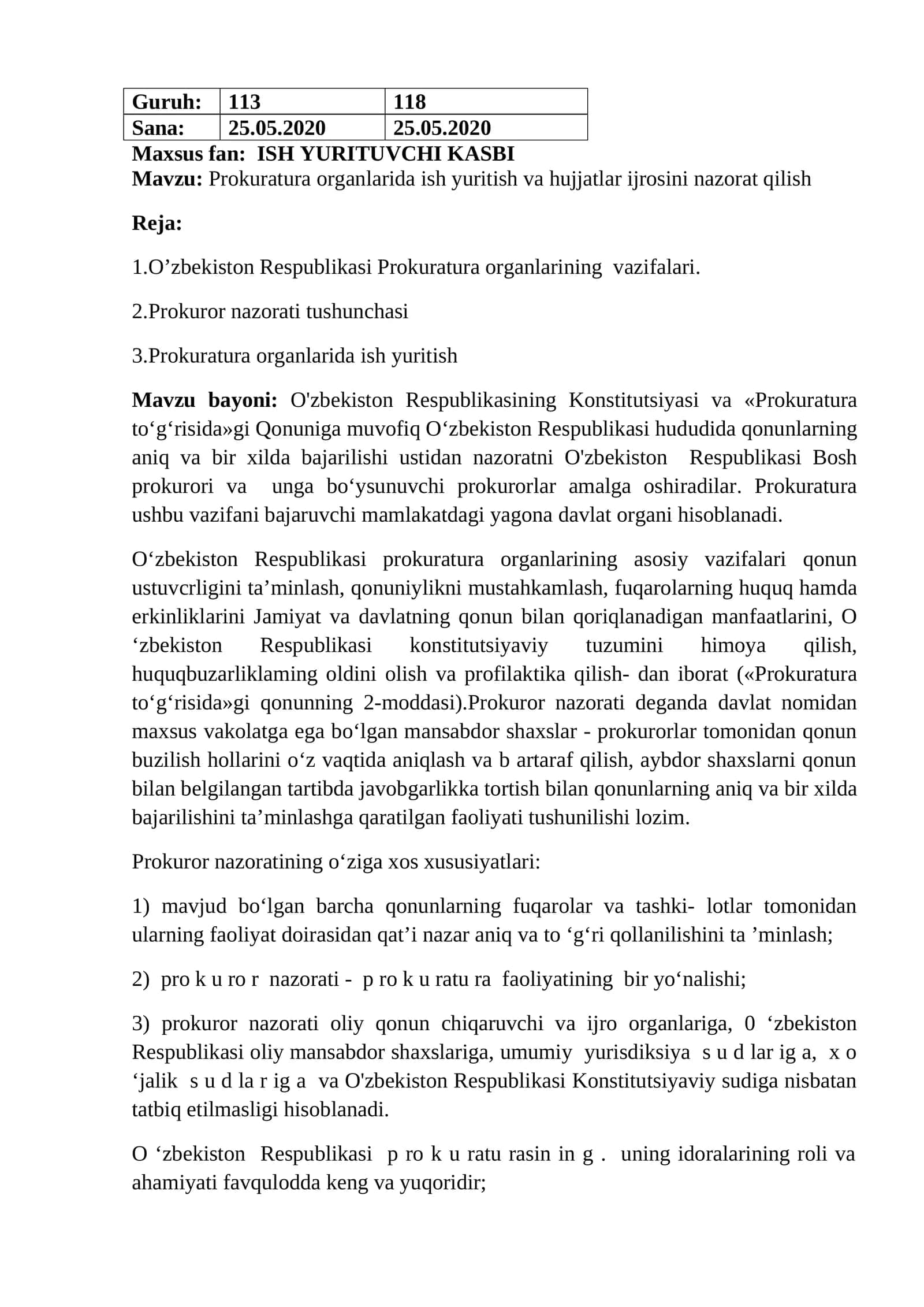 Prokuratura organlarida ish yuritish va hujjatlar ijrosini nazorat qilish